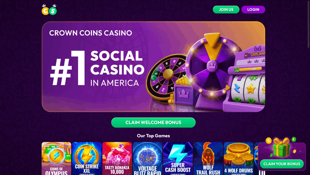 Crown Coins Casino social casino screenshot of homepage